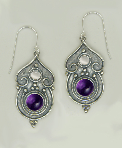 Sterling Silver Gothic Inspired Drop Dangle Earrings With Amethyst And White Moonstone